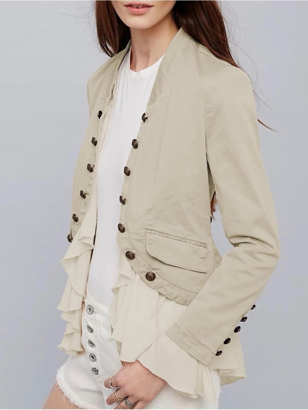 Women's Beige Ruffle-Front Military-Style Jacket - Picture 3 of 6